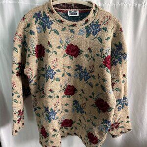 Vintage Basic Editions Floral Knit Sweater Cottagecore Beige Women’s Large